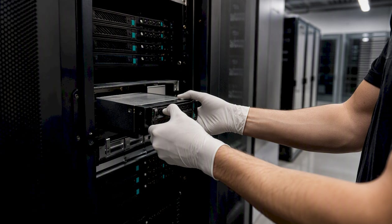 Hands installing storage device in server rack