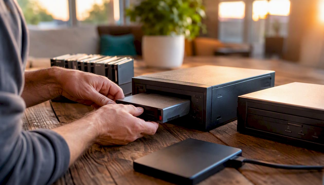 Hands with backup tape and external drive