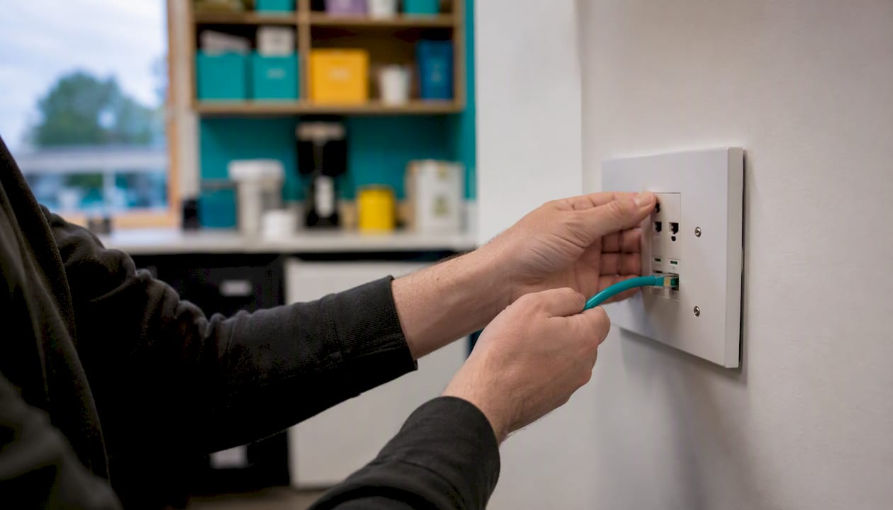 Hands plugging network cable in server