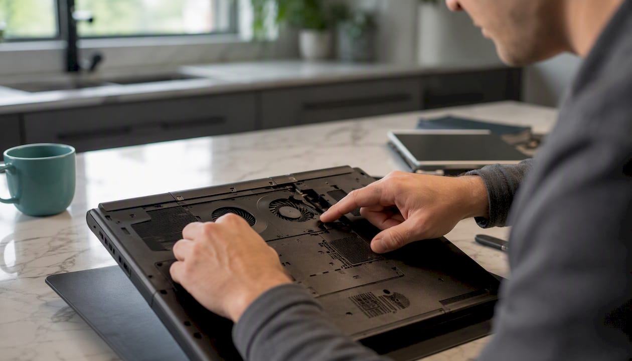 Hands lifting laptop showing cooling vents