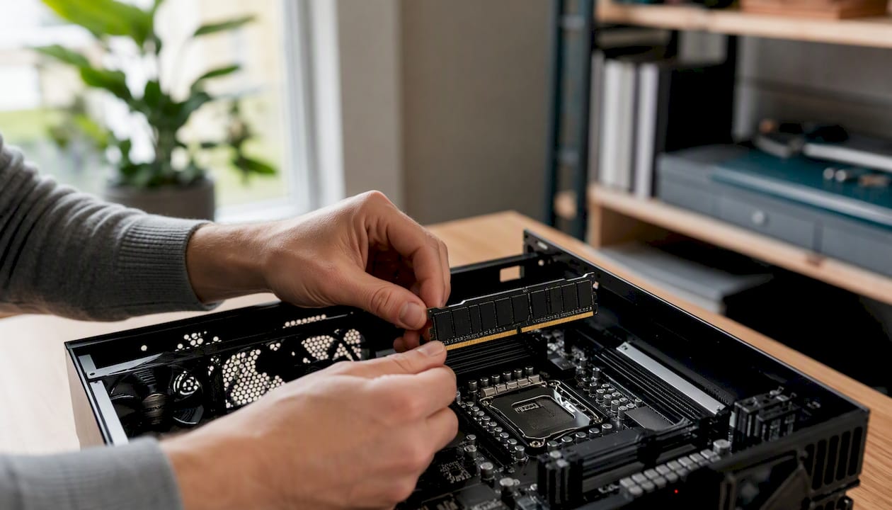 Hands installing RAM module in computer