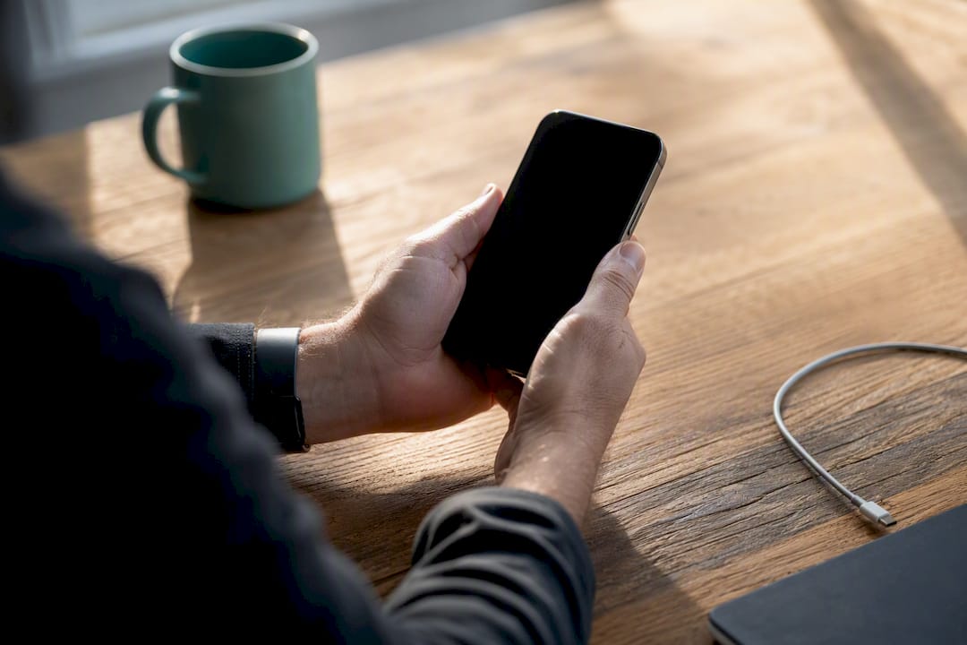 Hand holding smartphone for login