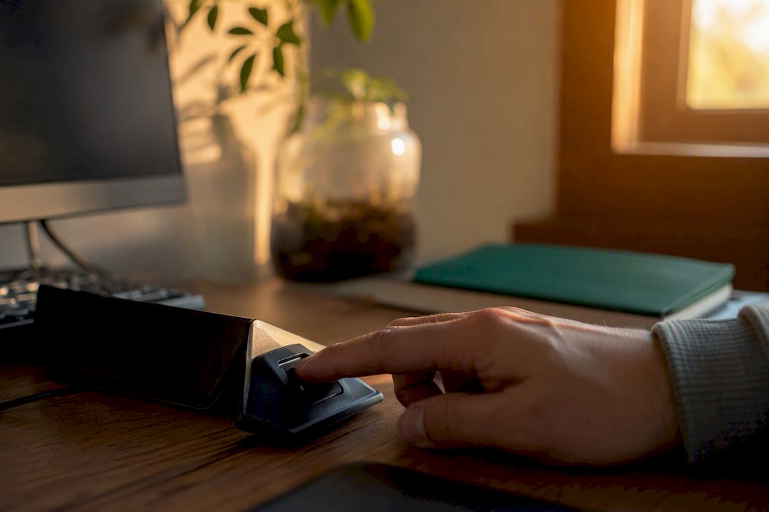 Hand pressing fingerprint scanner sensor