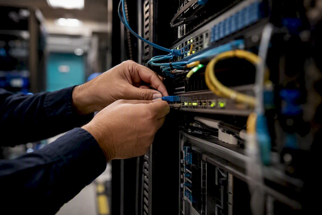 Hands connecting network cables in server rack
