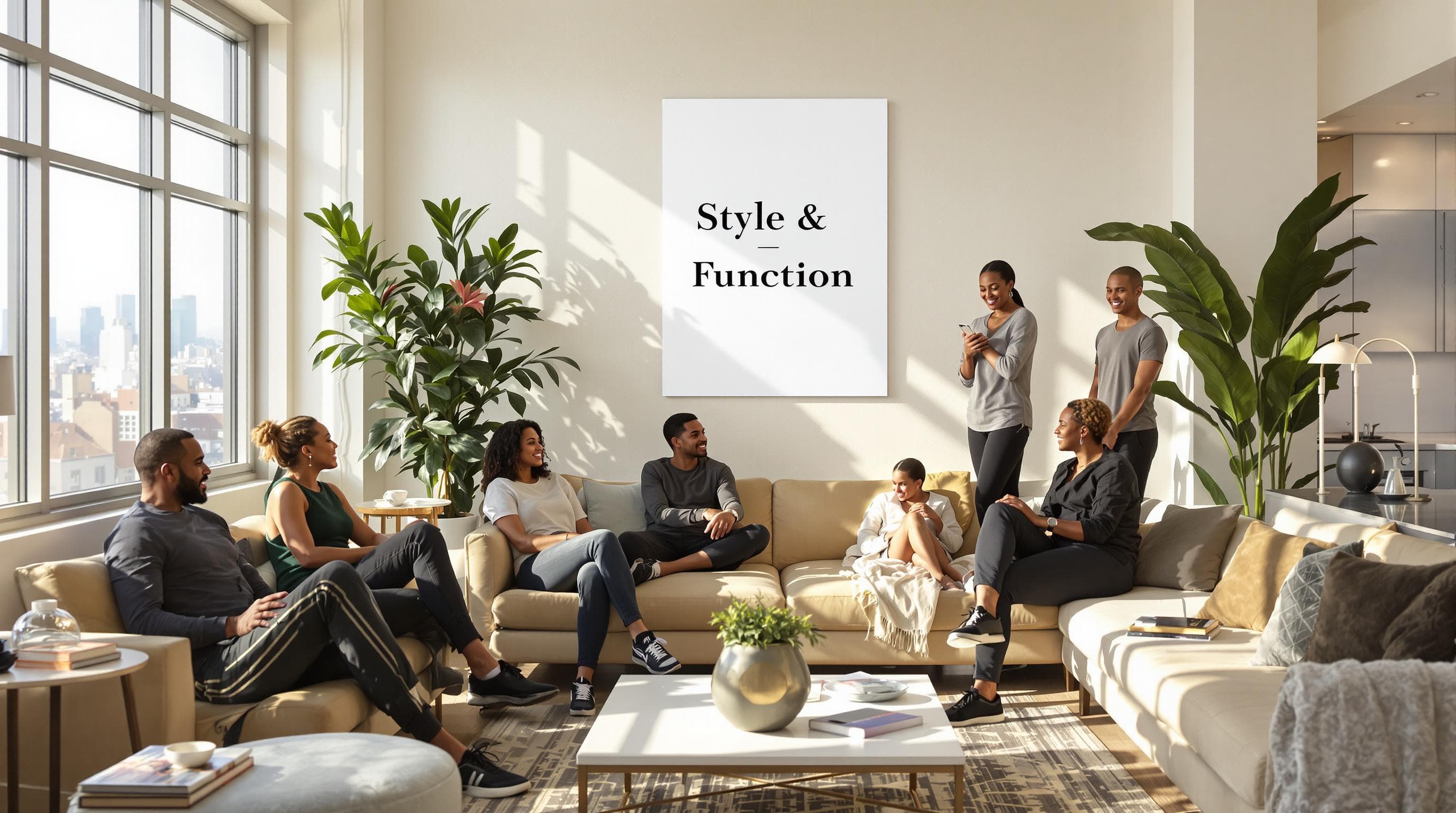 People in modern loft wearing stylish athleisure, with 'Style & Function' poster
