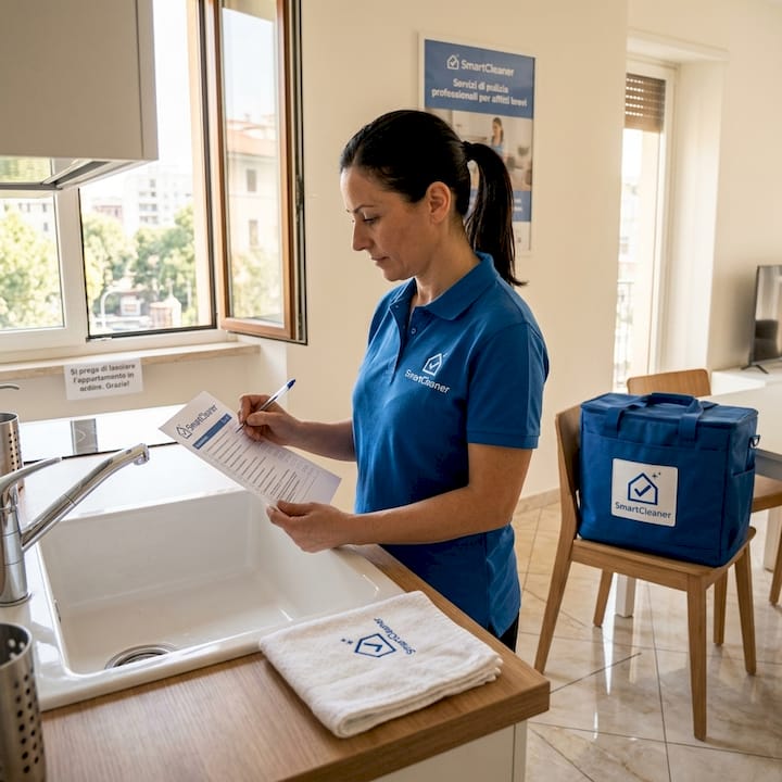 Il responsabile controlla la qualità delle pulizie in bagno.