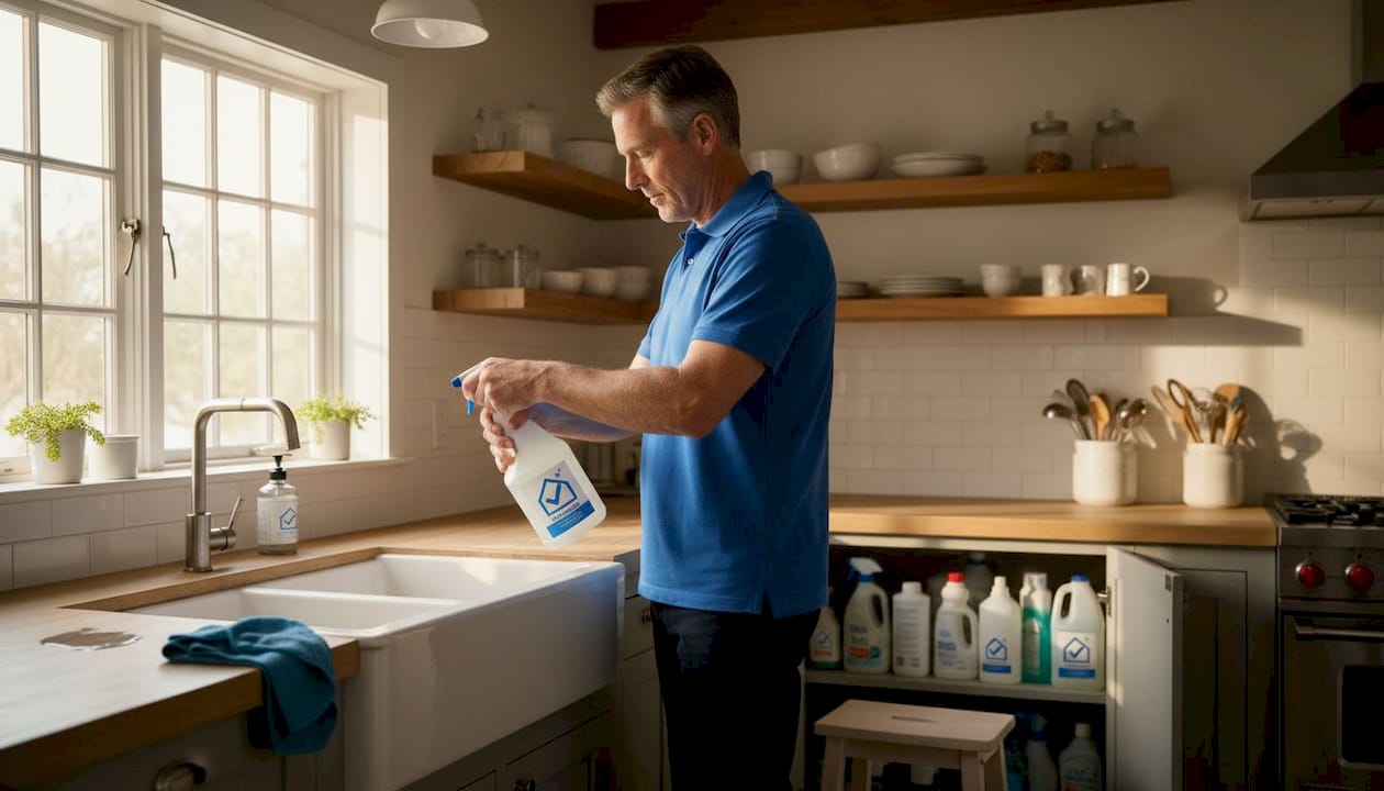 Un uomo si dedica alla preparazione di un detergente nella cucina di un appartamento affittato per brevi periodi.