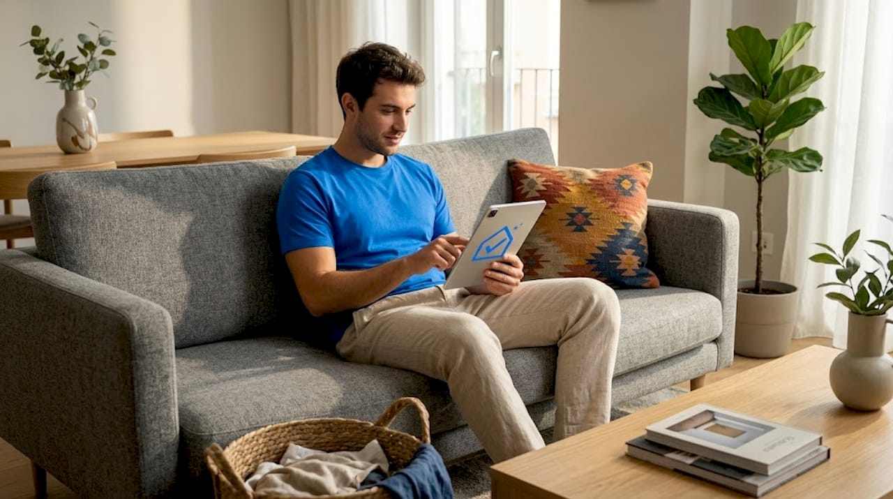 Un uomo controlla il programma delle pulizie sul tablet