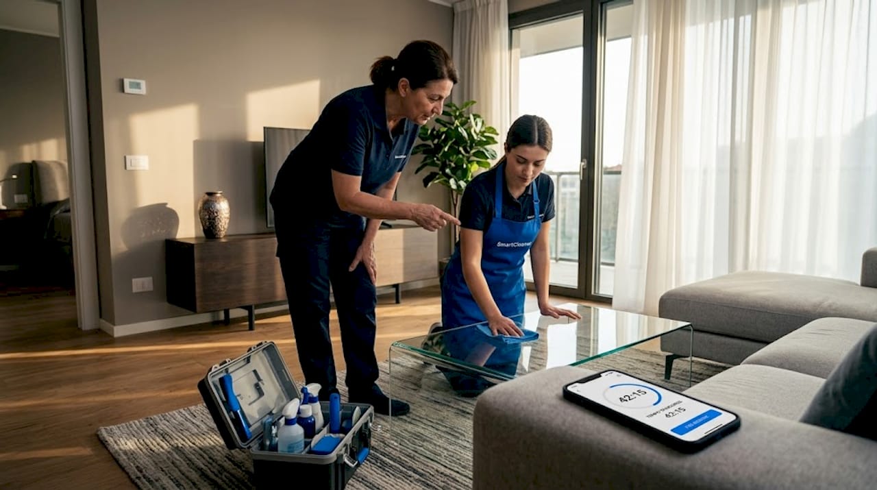Un’addetta alle pulizie con più esperienza affianca i nuovi colleghi e insegna loro come svolgere al meglio il lavoro nell’appartamento.