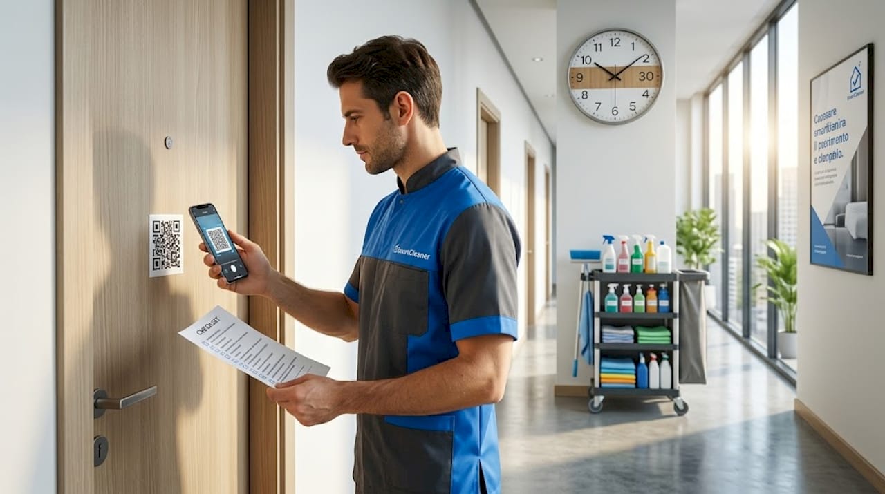 L’operatore delle pulizie utilizza il QR code per inviare segnalazioni