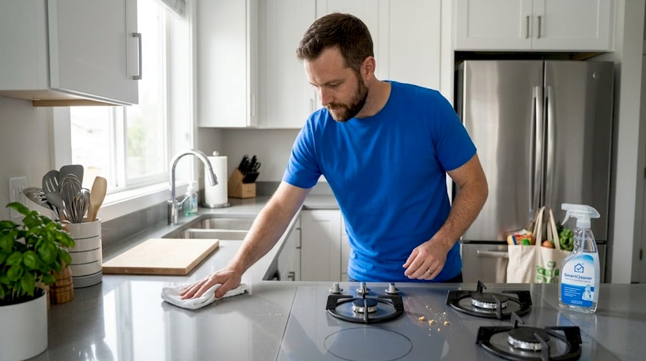 Un uomo sta pulendo i fornelli della cucina durante le vacanze.