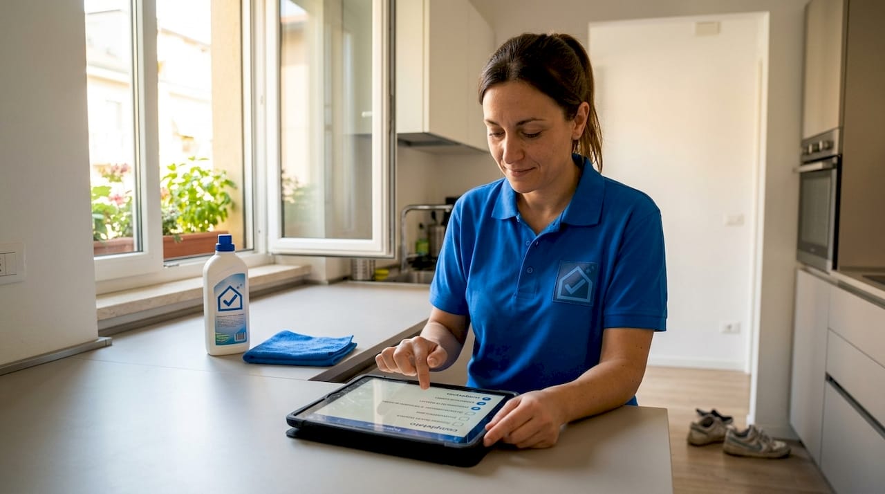 La responsabile delle pulizie si affida a una checklist digitale per assicurarsi che ogni angolo dell’appartamento venga sistemato alla perfezione.