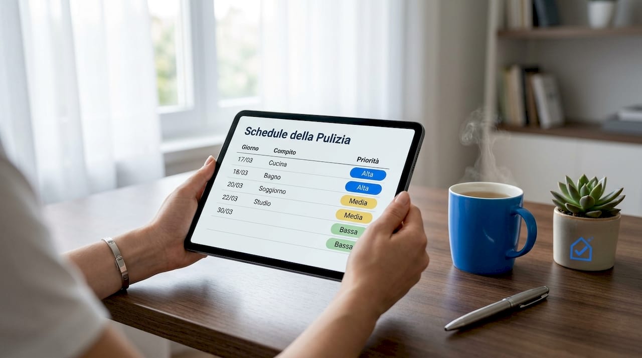 Tablet digitale con la lista delle pulizie in ordine di priorità