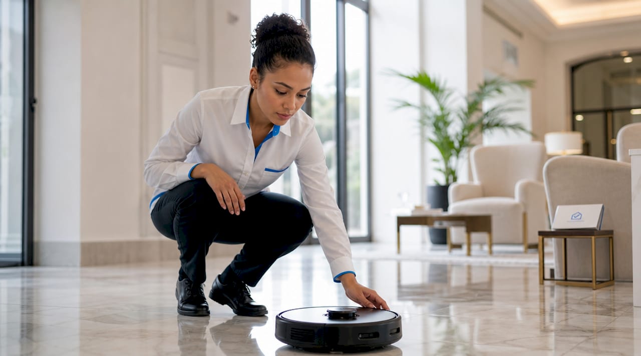 Un responsabile supervisiona il robot che sta pulendo il corridoio.