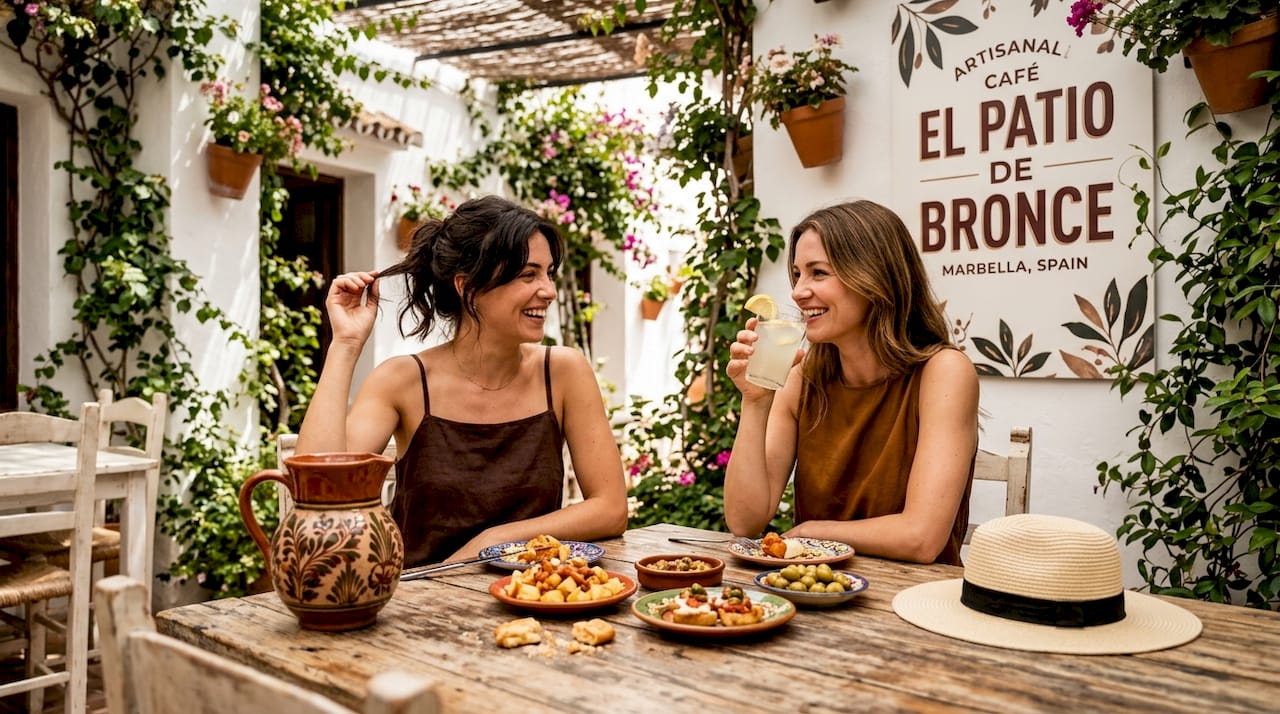 Women chatting at Marbella outdoor cafe table