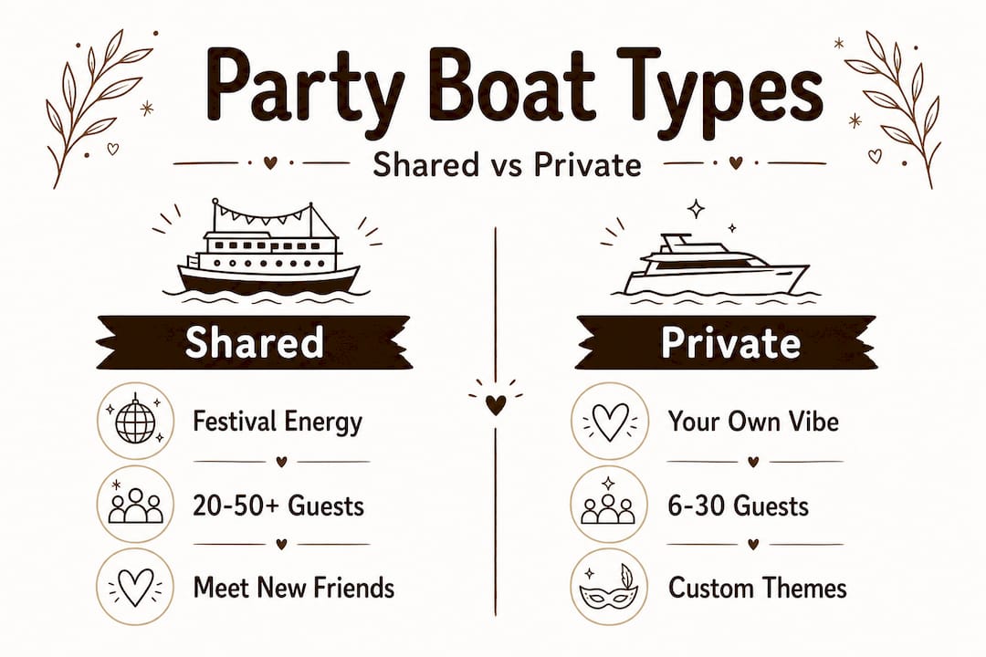 Infographic comparing shared and private party boat types