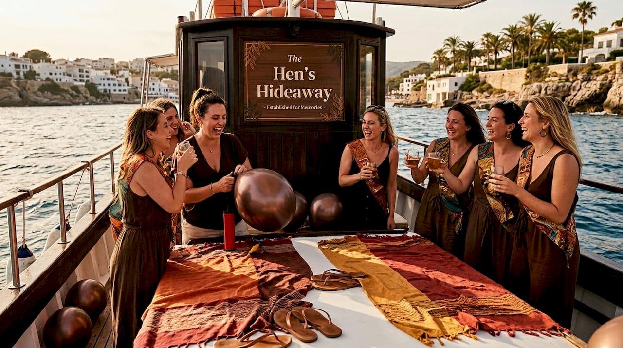 Women celebrating on party boat deck with drinks and DJ