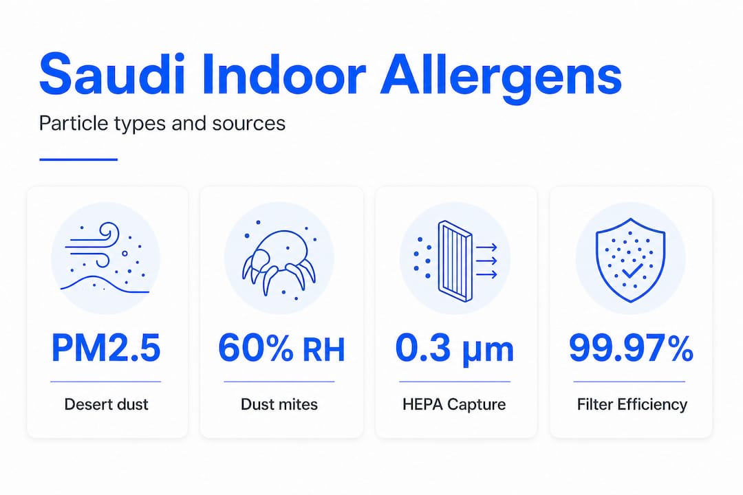 Allergen particle types and HEPA stats infographic