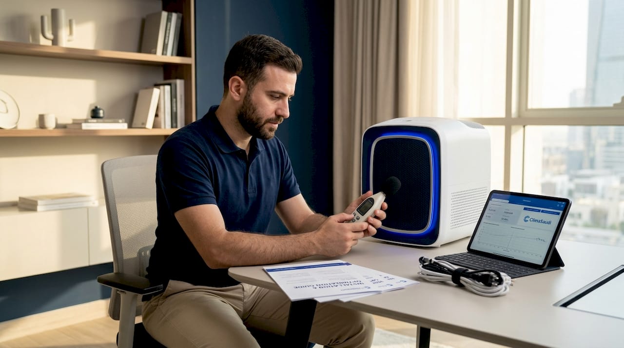Technician measuring air purifier noise level