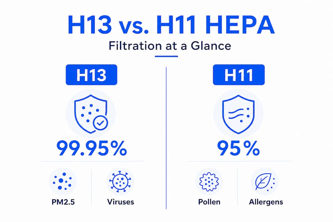 Infographic comparing HEPA H13 and H11 efficiency