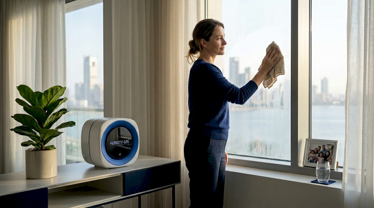 Woman adjusting air purifier in humid bedroom