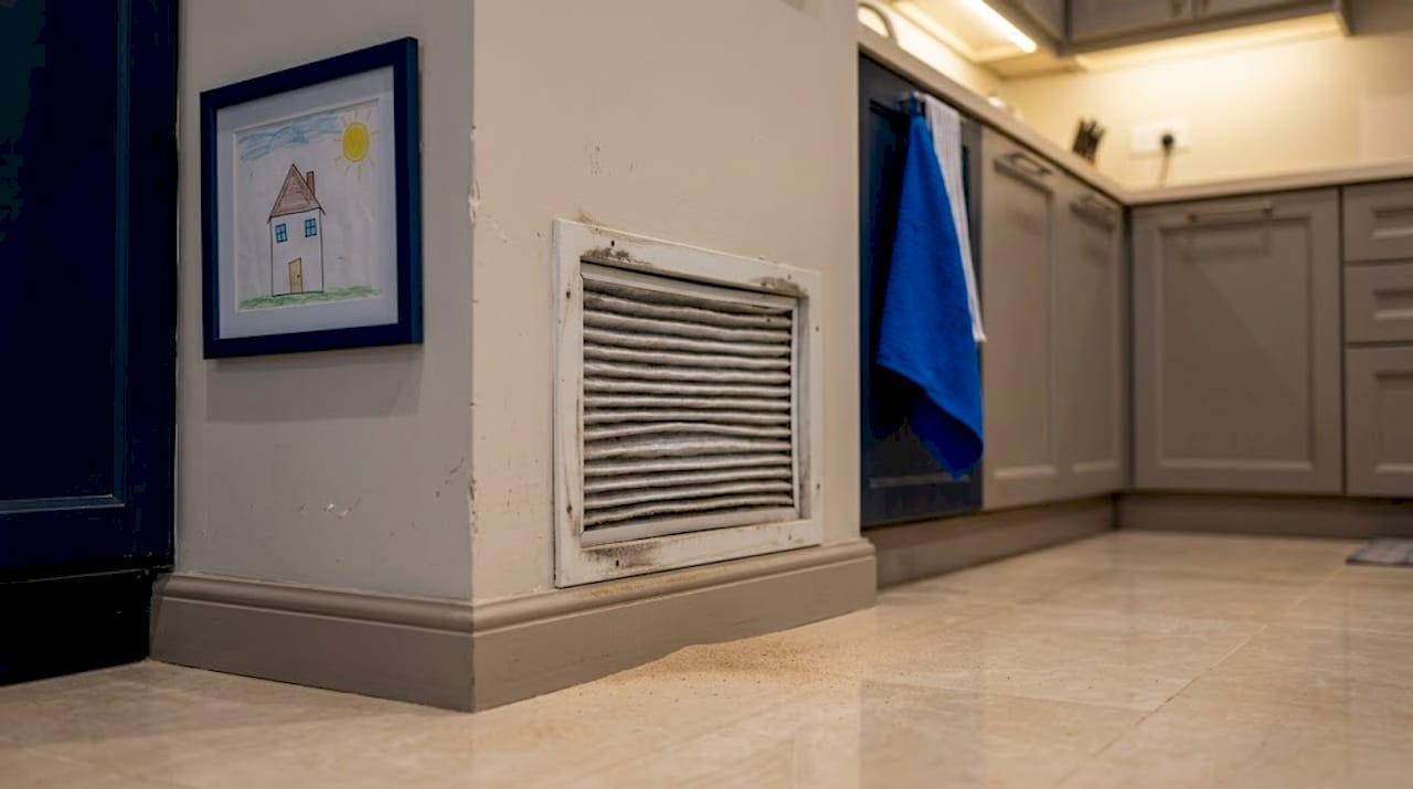 Dusty HVAC filter grille closeup in Saudi home