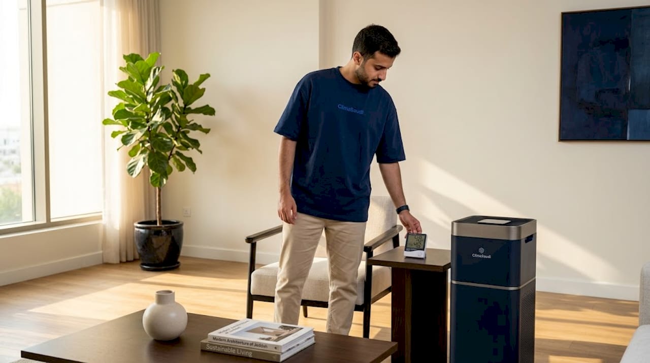 Checking humidity with purifier in Jeddah bedroom
