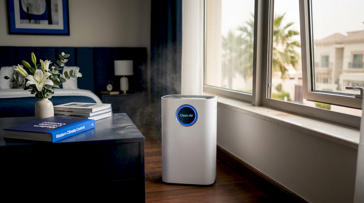 Air purifier clearing dust in bedroom scene