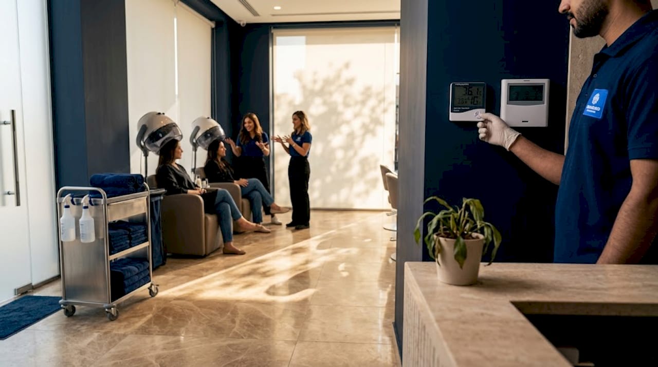 Technician adjusts salon humidity monitor