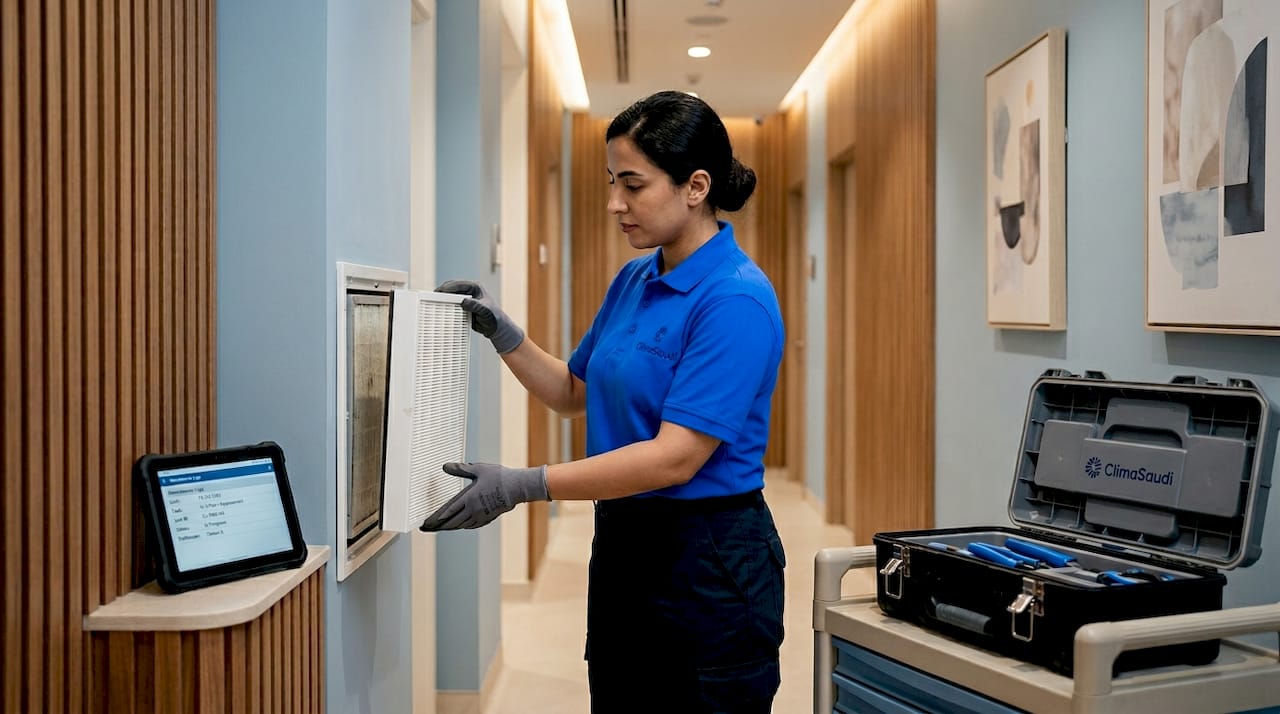 Worker replacing HEPA filter in clinic