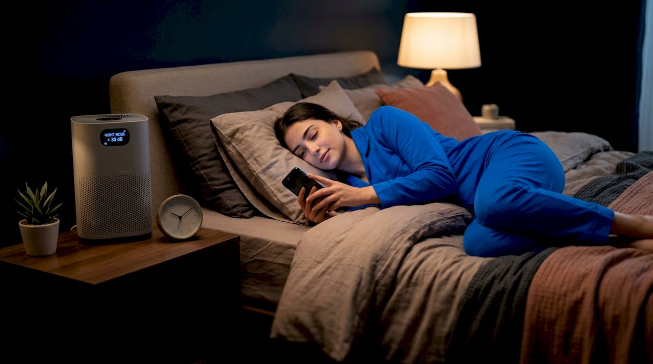 Woman using phone beside quiet air purifier