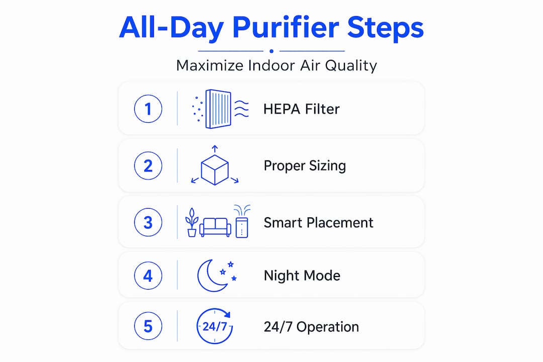 Infographic showing five steps for air purifier use