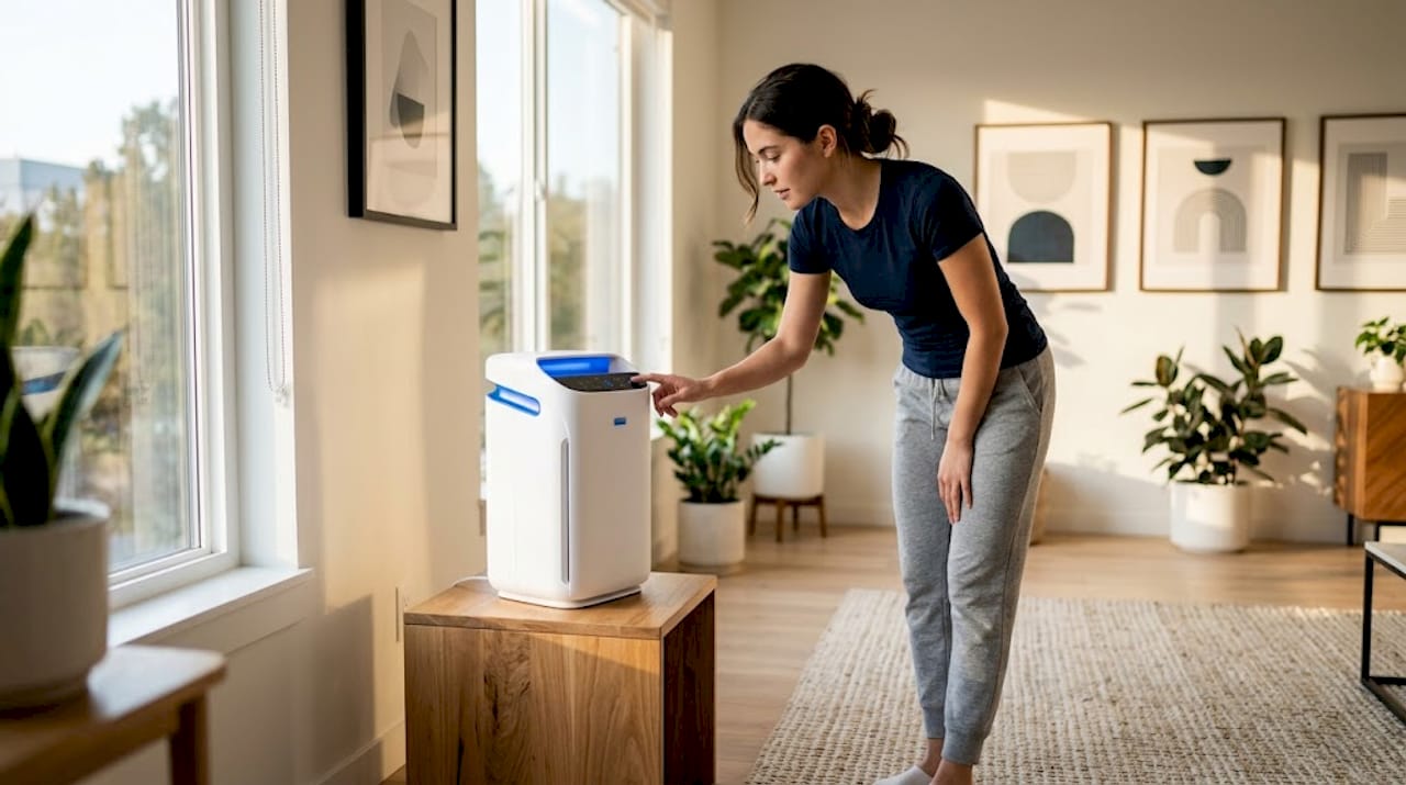 Woman adjusting air purifier fan speed