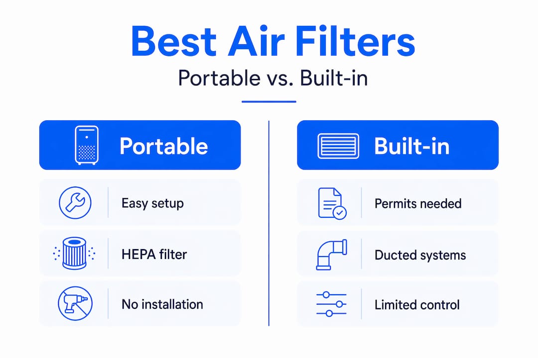 Infographic comparing portable and built-in air filters