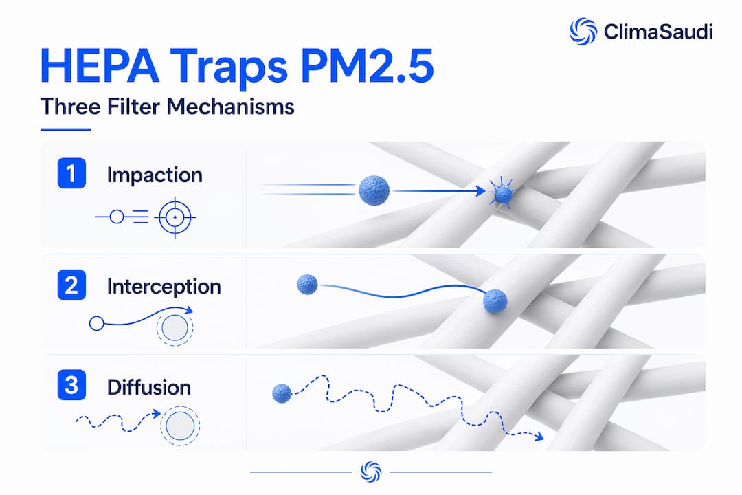Infographic showing three HEPA filter particle capture steps