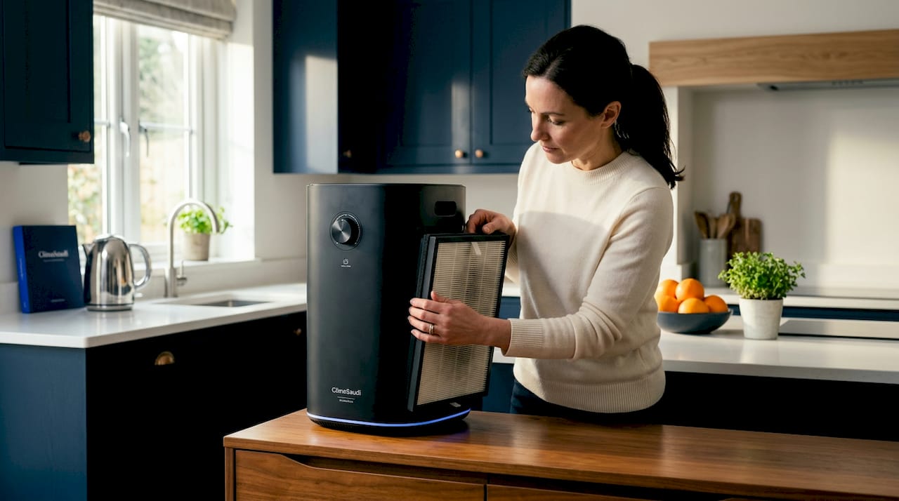 Woman checking clogged air purifier filter