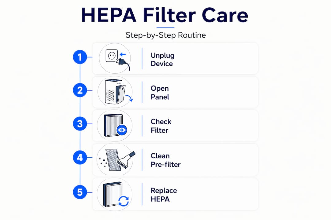 Infographic showing HEPA filter maintenance routine steps