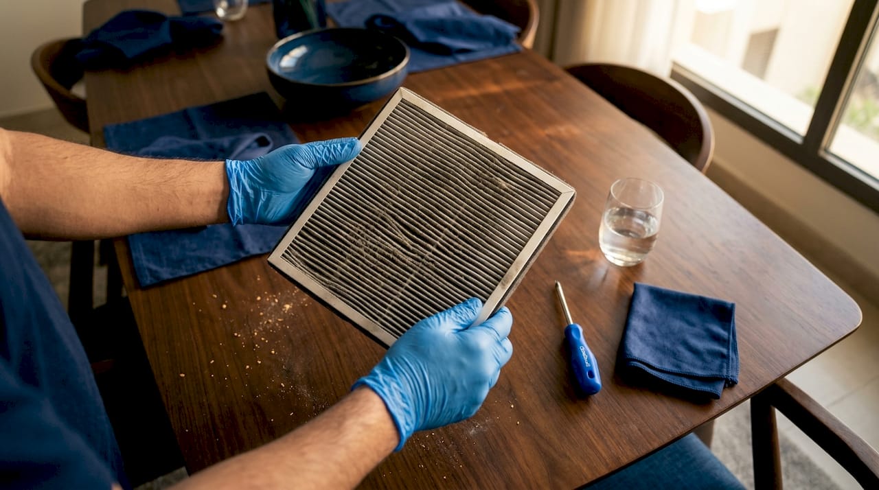Hands inspecting worn HEPA filter