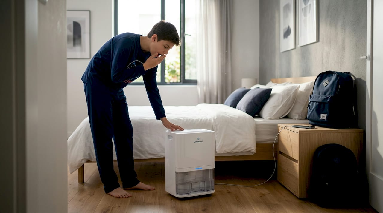 Teen checking dehumidifier in bedroom morning