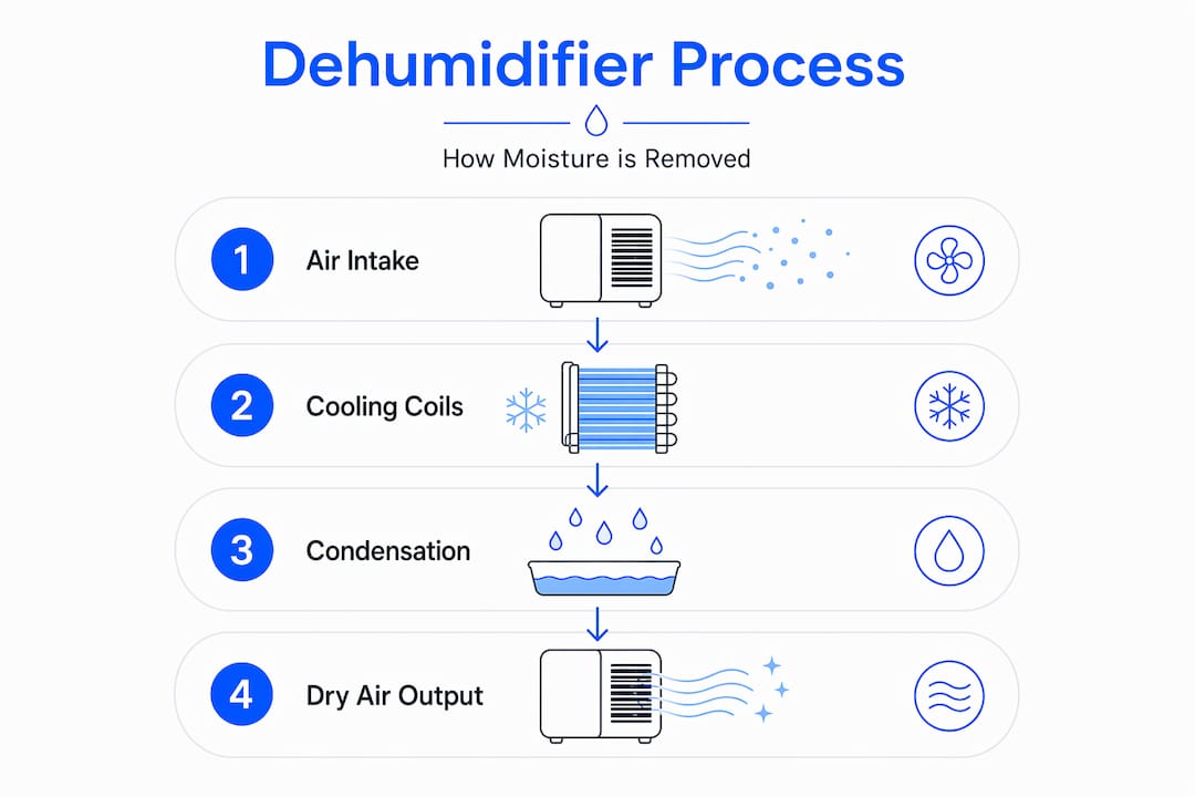 Infographic shows steps of dehumidifier moisture removal