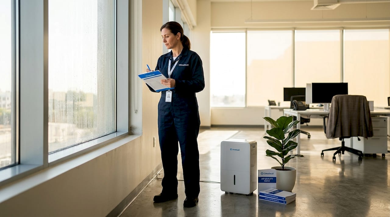 Supervisor checks office humidity and condensation