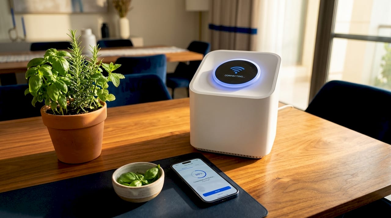 Close-up of Wi-Fi air purifier and smart home app on tablet