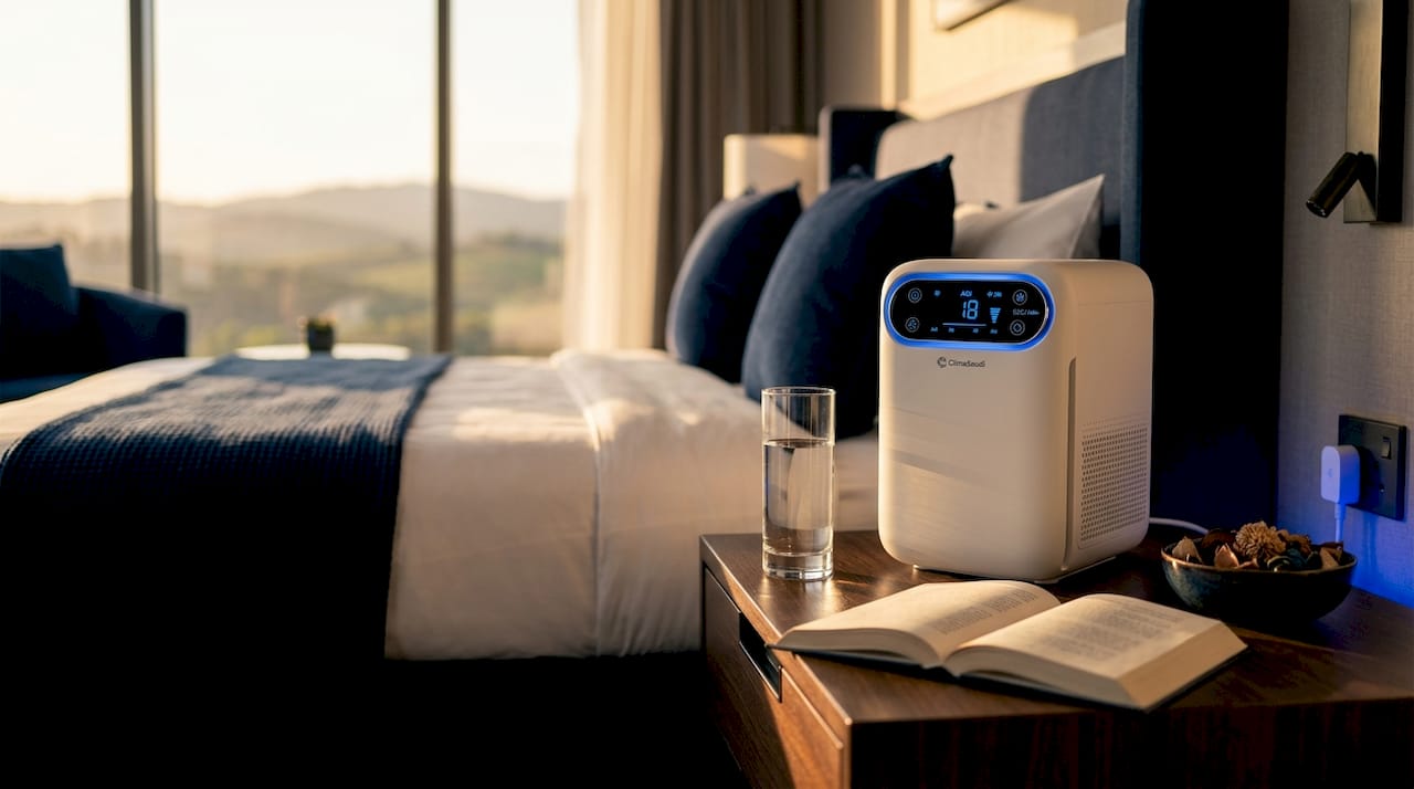 Portable air purifier on hotel bedside table