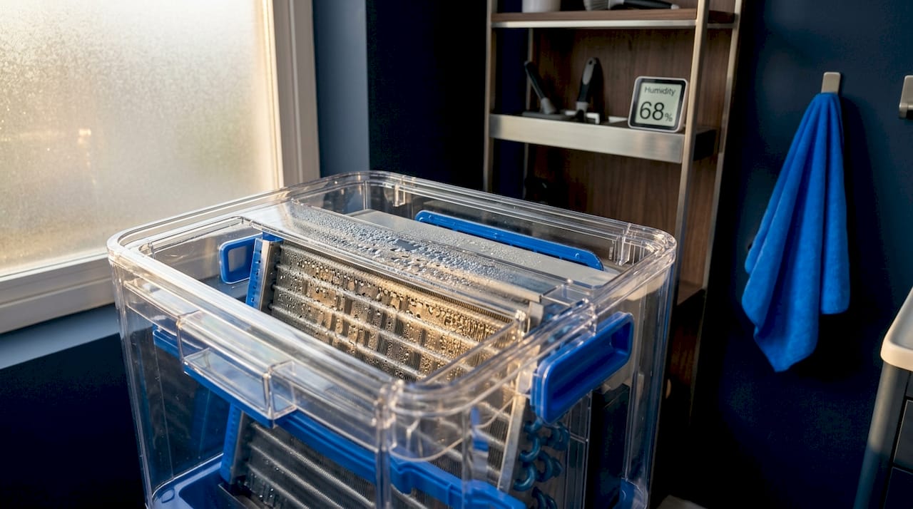 Close-up of dehumidifier cold coils condensing water