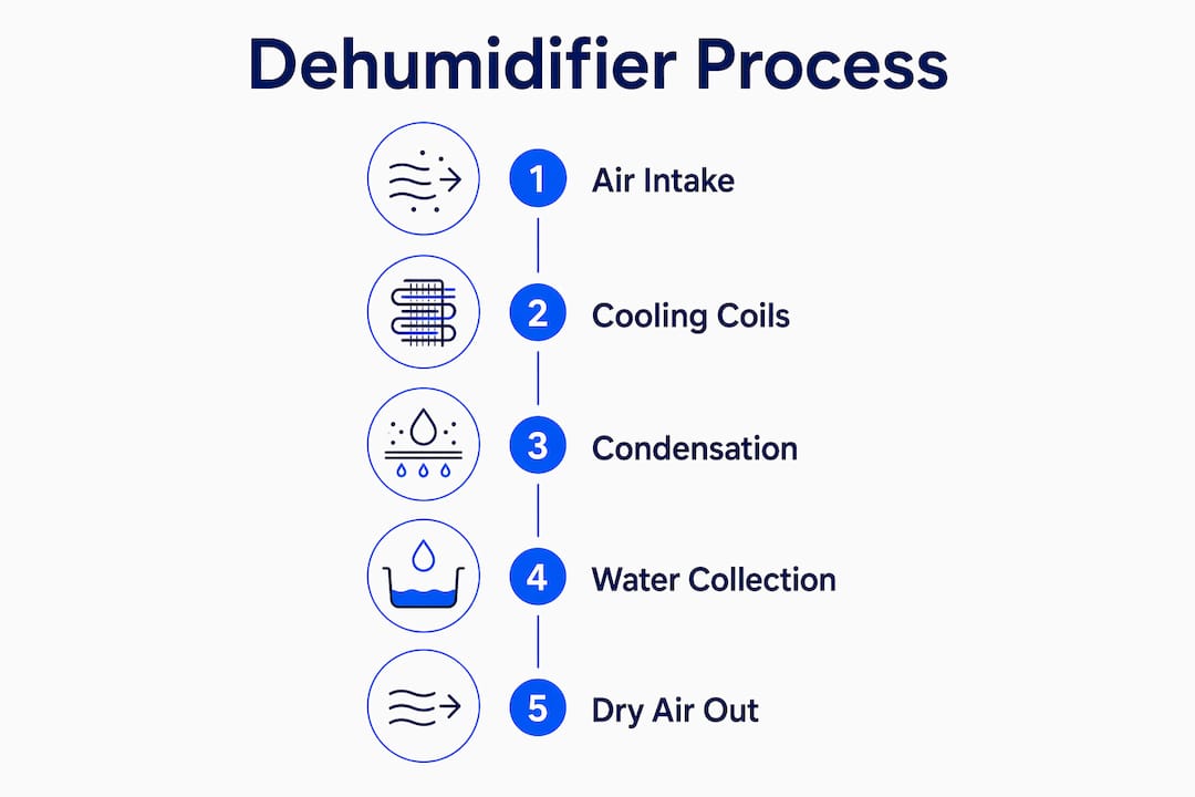 Infographic showing step-by-step dehumidifier moisture removal