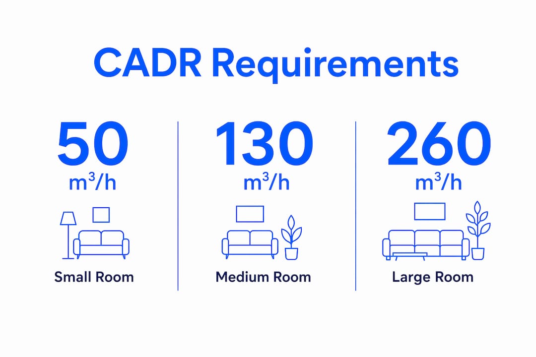 Infographic showing CADR requirements by room size