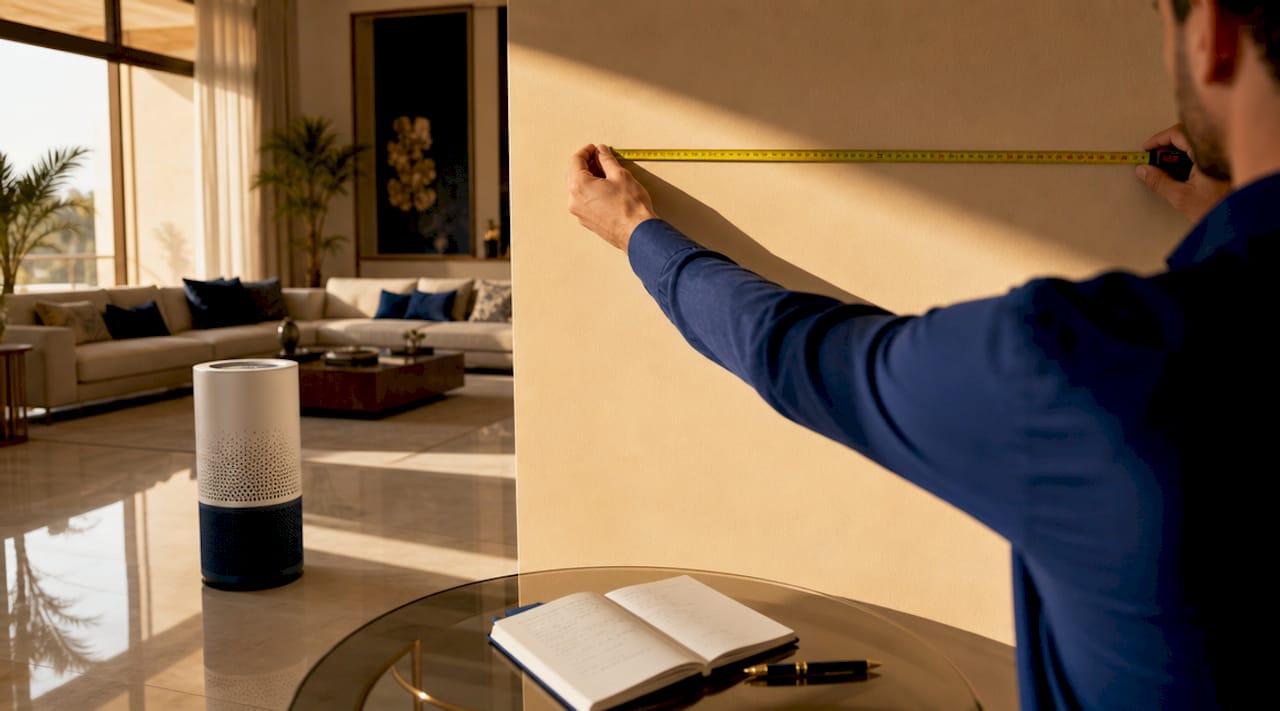 Hands measuring room size near air purifier