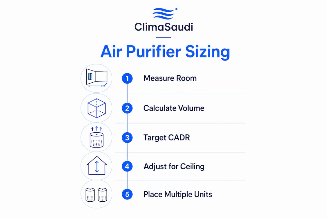 Infographic detailing air purifier sizing steps for villa rooms