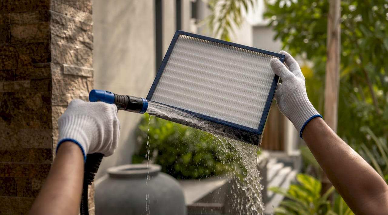 Hands rinsing electrostatic air filter under faucet.