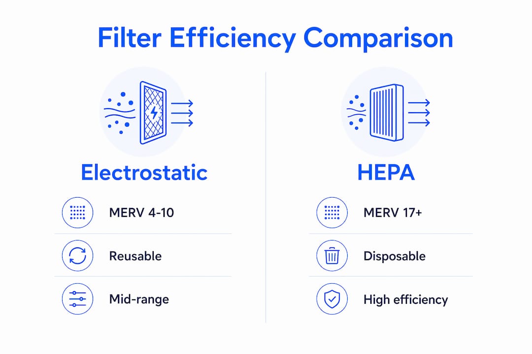 Infographic comparing electrostatic and HEPA filter efficiency.